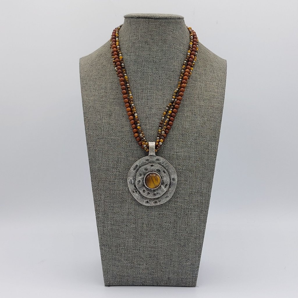 Premier Designs Boho Necklace Pendant Earth Color Silver Toned Signed Statement